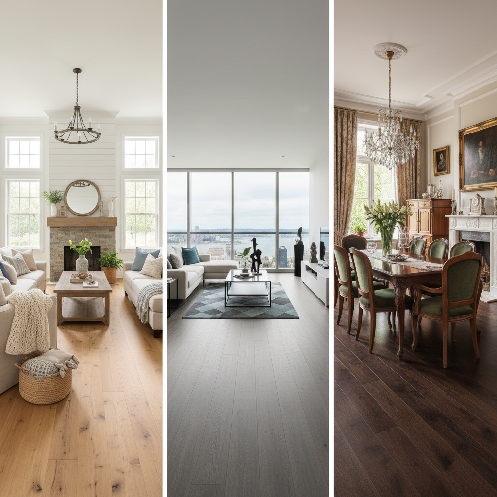 A triptych of interior design scenes, each showcasing a different Bravewood Hybrid Hardwood style. Left panel: A bright, inviting 'Modern Farmhouse' living room with warm, honey-blonde 'Sunshine Hickory' flooring, featuring natural light, cozy textiles, and rustic-chic decor. Middle panel: A sleek, contemporary open-concept living space with muted, cool 'Coastal Gray' flooring, minimalist furniture, and large windows offering an expansive feel. Right panel: A rich, traditional dining room with deep, dark brown 'Traditional' style flooring, elegant wooden furniture, and sophisticated accents. All floors should exhibit a realistic Embossed In Register (EIR) texture. Style: photorealistic, high-quality interior photography with excellent lighting.