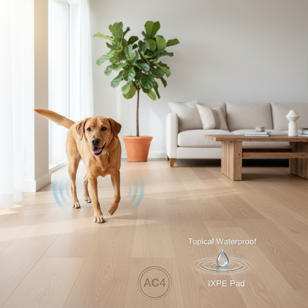 A modern home interior with Bravewood Hybrid Hardwood floors, featuring a playful dog. Visual cues indicate AC4 rating, topical waterproof surface, and IXPE pad sound dampening.