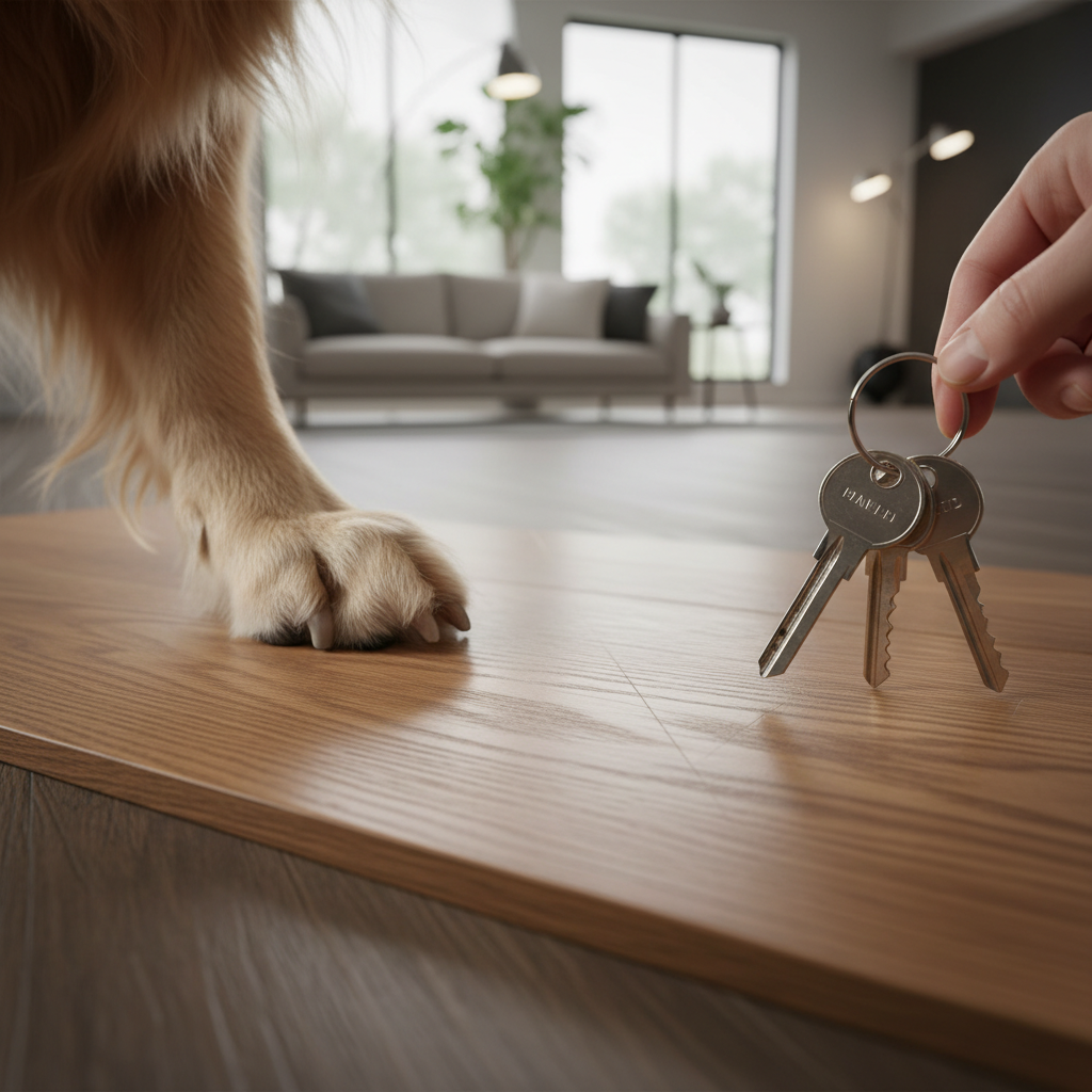A close-up, photorealistic image of a Bravewood hybrid hardwood plank undergoing a scratch test. A large dog's paw (showing claws) is gently pressing down on the surface, or a set of keys is being dragged across it. The surface of the plank should appear pristine and unscratched, with a subtle, almost invisible protective layer (representing aluminum oxide) shimmering slightly. The background is a blurred, modern home interior. Style: photorealistic, high-detail, action-oriented.