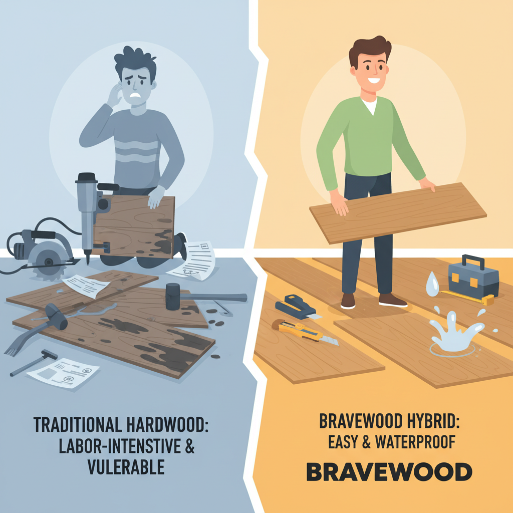 A dynamic, split-panel illustration. On the left, a homeowner looks frustrated and overwhelmed, surrounded by traditional hardwood planks showing visible water damage (swelling, cupping) and complex, heavy installation tools like a pneumatic nailer. The scene is slightly desaturated and chaotic. On the right panel, the same homeowner, now smiling and confident, easily installs a Bravewood hybrid plank with a simple click-lock motion, with a splash of water harmlessly repelling off the floor. The right scene is vibrant, clean, and depicts modern, lighter tools. Style: Modern flat design with a touch of realism, contrasting colors (cool/stressed vs. warm/confident), motivational.