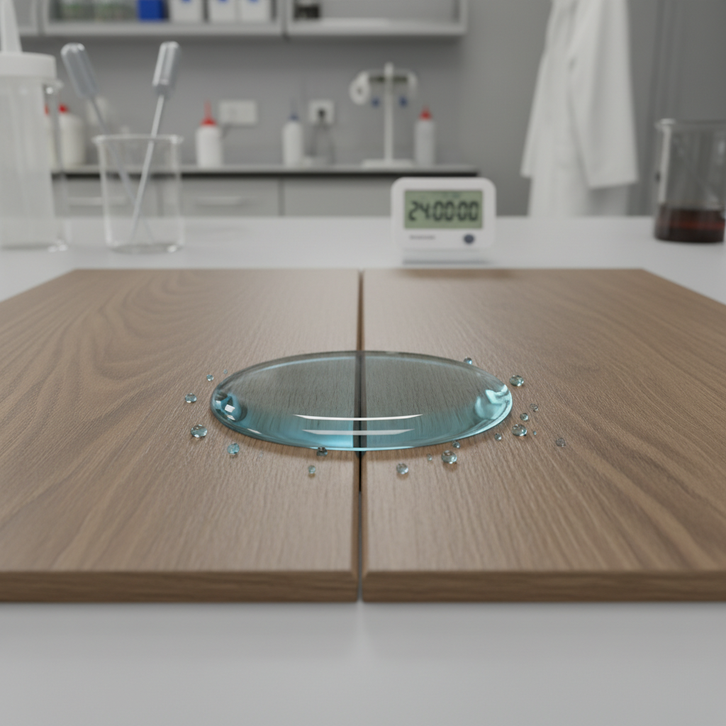 A photorealistic, scientific demonstration of a '24-Hour Water Pooling Test' on Bravewood hybrid hardwood. The image features a close-up of two Bravewood planks precisely locked together on a clean surface. A visible pool of clear or slightly colored liquid is sitting directly over the seam between the two planks, clearly beaded on the surface, not seeping in. The overall impression is one of durability and waterproof performance.