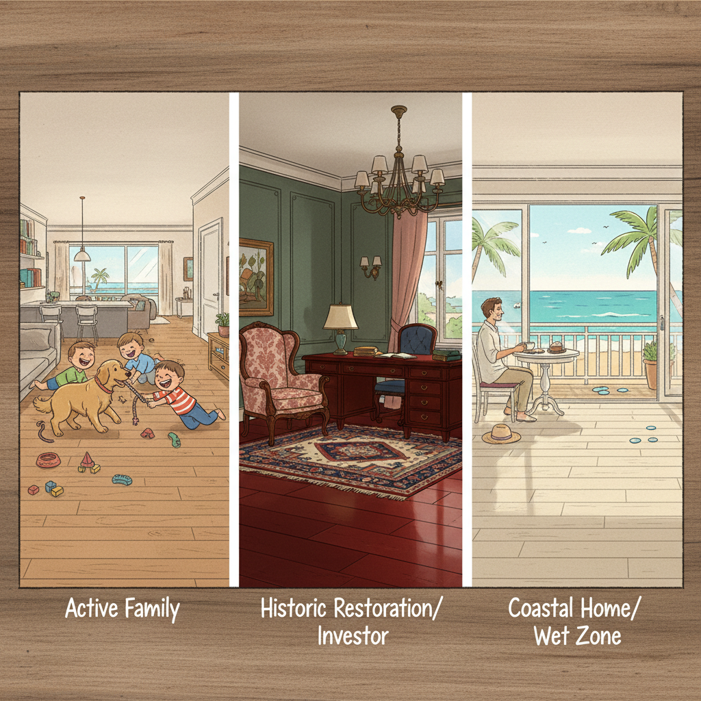 An illustration showing three lifestyle scenarios: an active family with pets on hybrid flooring, a historic home with traditional hardwood, and a coastal home with hybrid flooring, helping users choose.