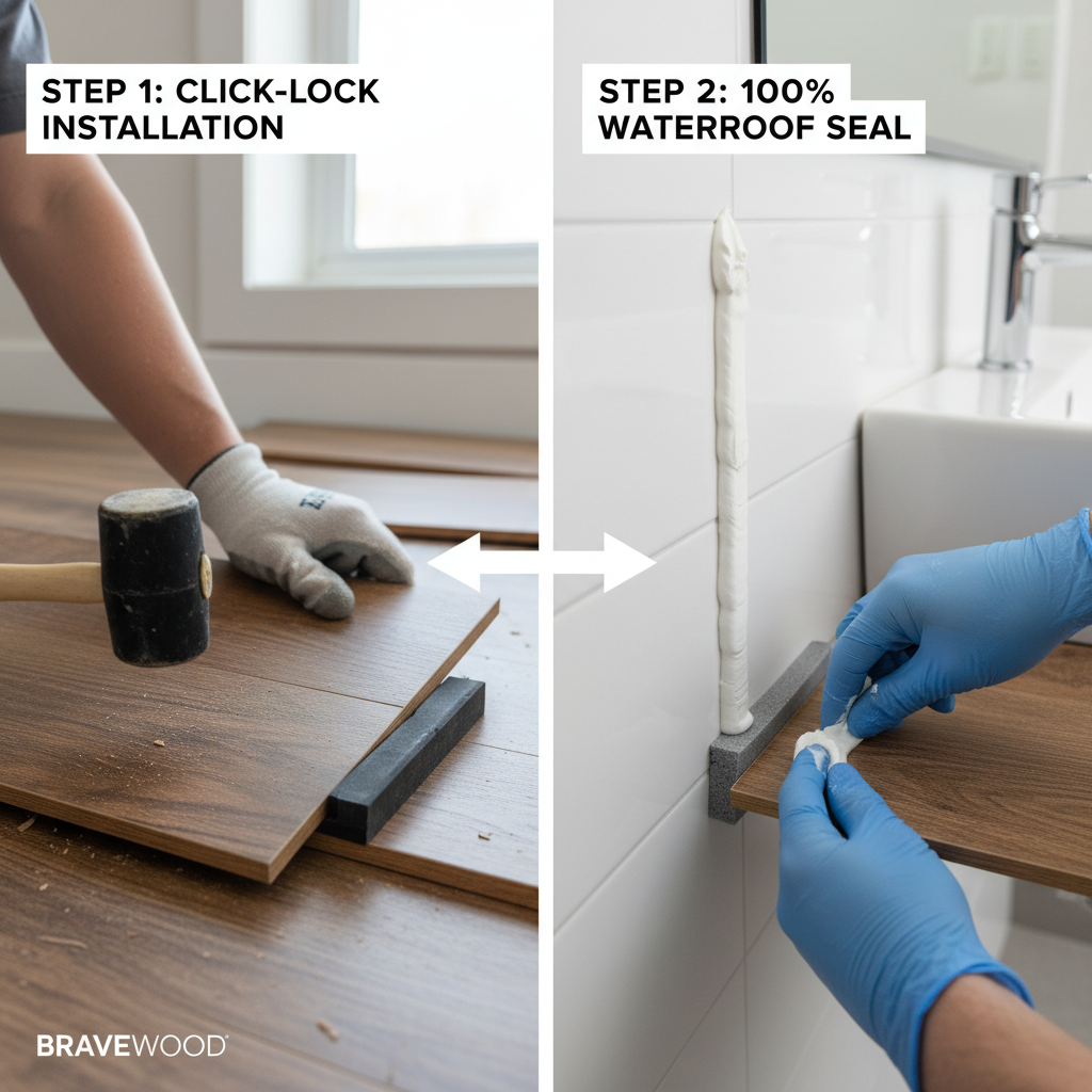 Close-up of hands demonstrating angle-angle click-lock installation with a tapping block, and applying silicone sealant over a backer rod in an expansion gap for waterproofing.