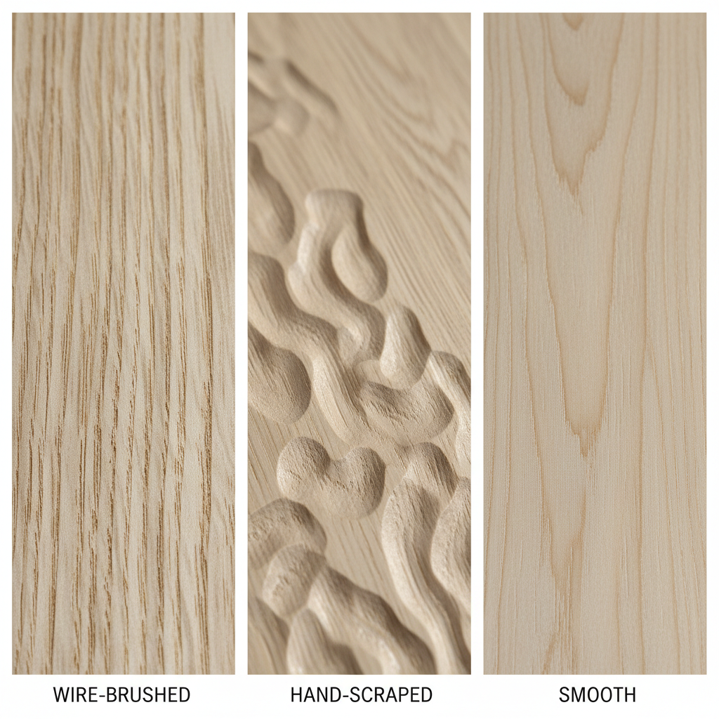 A triptych (three-panel) image showcasing three distinct wood grain finishes side-by-side: Wire-Brushed, Hand-Scraped, and Smooth. Each panel should be a high-resolution, macro-photography style close-up of the wood surface. The Wire-Brushed panel should show subtle, linear texture with exposed heartwood. The Hand-Scraped panel should have distinct, undulating, rustic marks. The Smooth panel should be perfectly flat and sleek. Use a consistent light-toned wood color for all three for clear comparison. Style: detailed macro photography, clean, comparative.