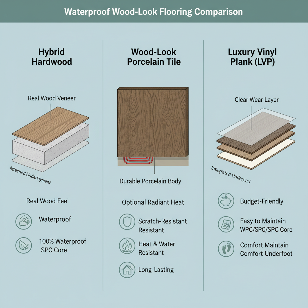A three-panel infographic comparing Hybrid Hardwood, Wood-Look Porcelain Tile, and Luxury Vinyl Plank (LVP) with cross-sections and icons highlighting their waterproof cores and benefits.