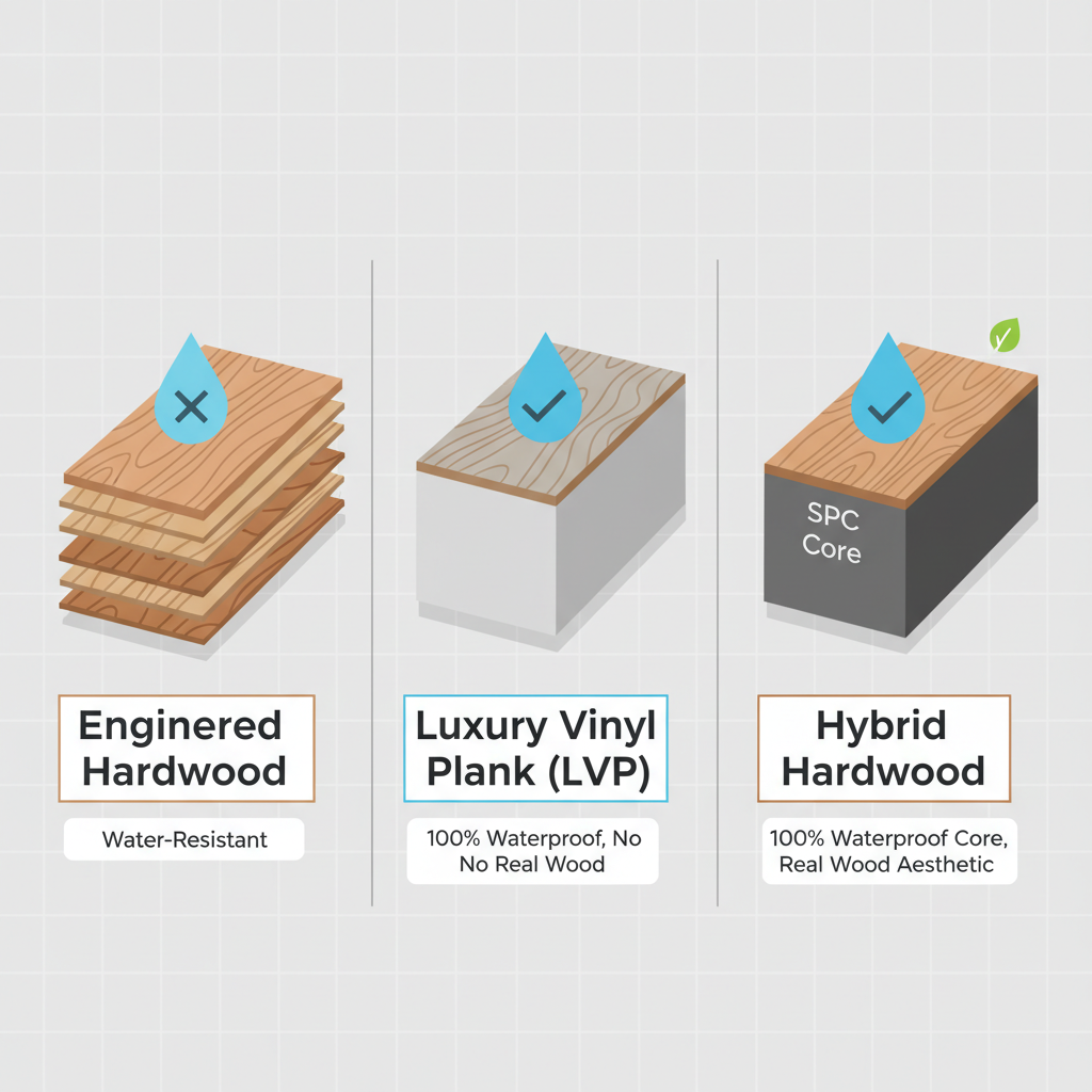 Infographic comparing engineered hardwood (water-resistant), luxury vinyl plank (100% waterproof, no real wood), and hybrid hardwood (100% waterproof core, real wood aesthetic) flooring types.