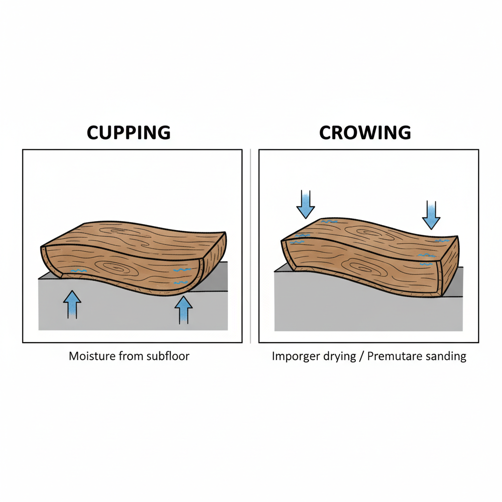 A diagram illustrating cupping (edges raised due to moisture from below) and crowning (center raised due to improper drying) in water-damaged wood flooring.