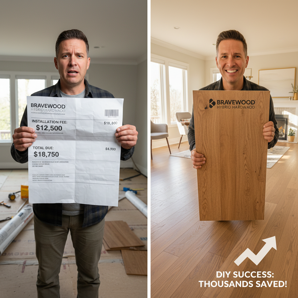 A split image showing a stressed homeowner with an expensive invoice on one side and a happy homeowner with a new Bravewood floor on the other, symbolizing cost savings and DIY success.
