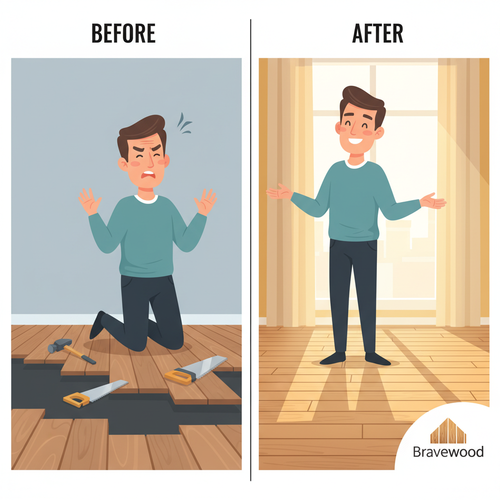 A split-screen illustration showing a frustrated homeowner with a poorly installed floor on one side and a confident homeowner admiring a perfectly installed Bravewood floor on the other.