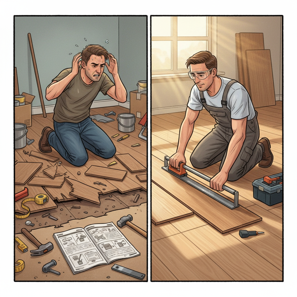 A split image comparing a frustrated DIYer with miscut planks and a buckled floor to a calm professional installer using correct tools for a perfect finish.
