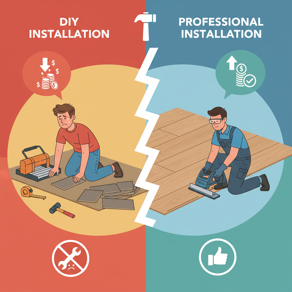 Infographic contrasting DIY vs. professional hybrid flooring installation, showing a frustrated DIYer on the left and an efficient professional on the right.