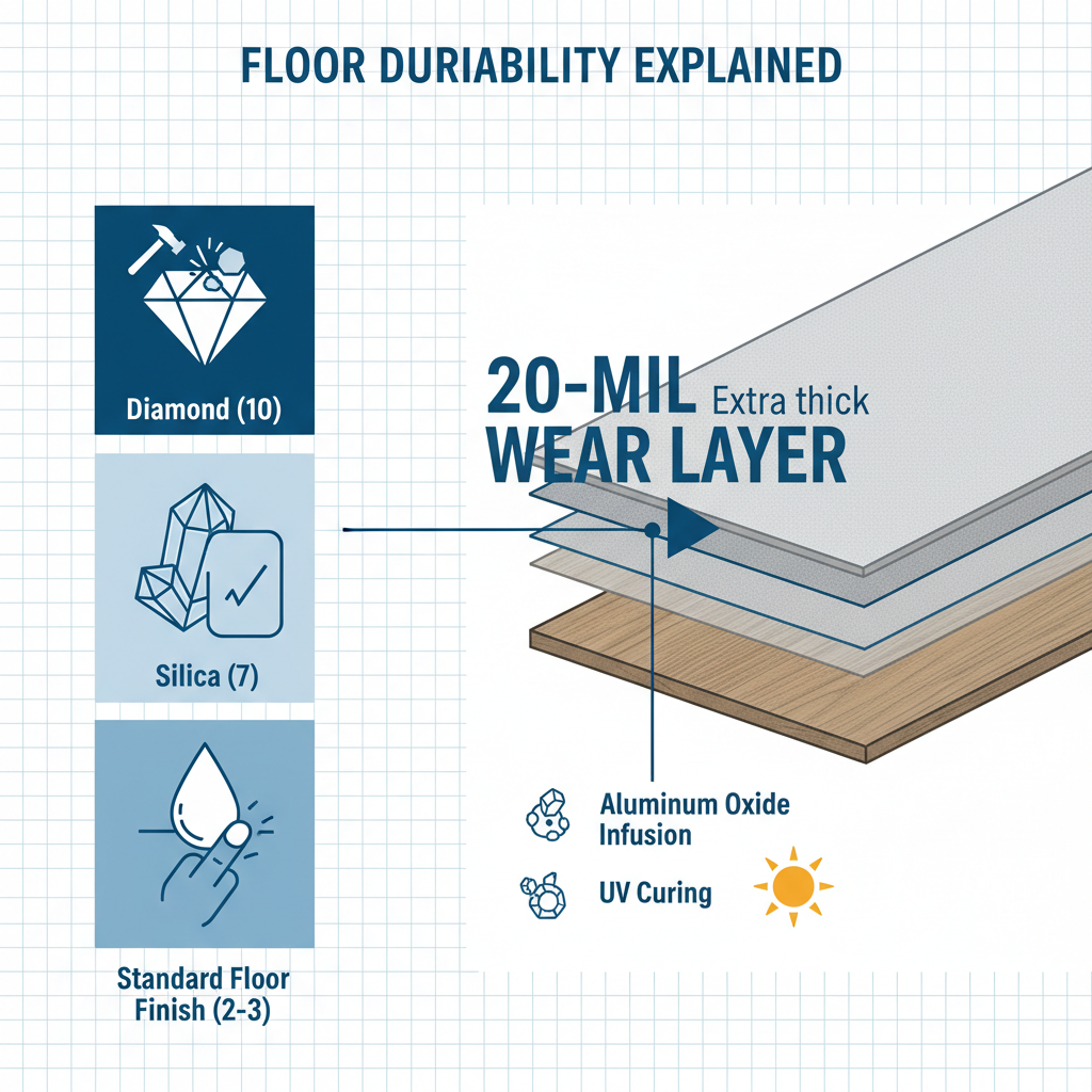 Infographic explaining floor durability, showing the Mohs hardness scale with diamond, silica, and floor finish, and a cross-section diagram highlighting a 20-mil wear layer with aluminum oxide and UV curing.