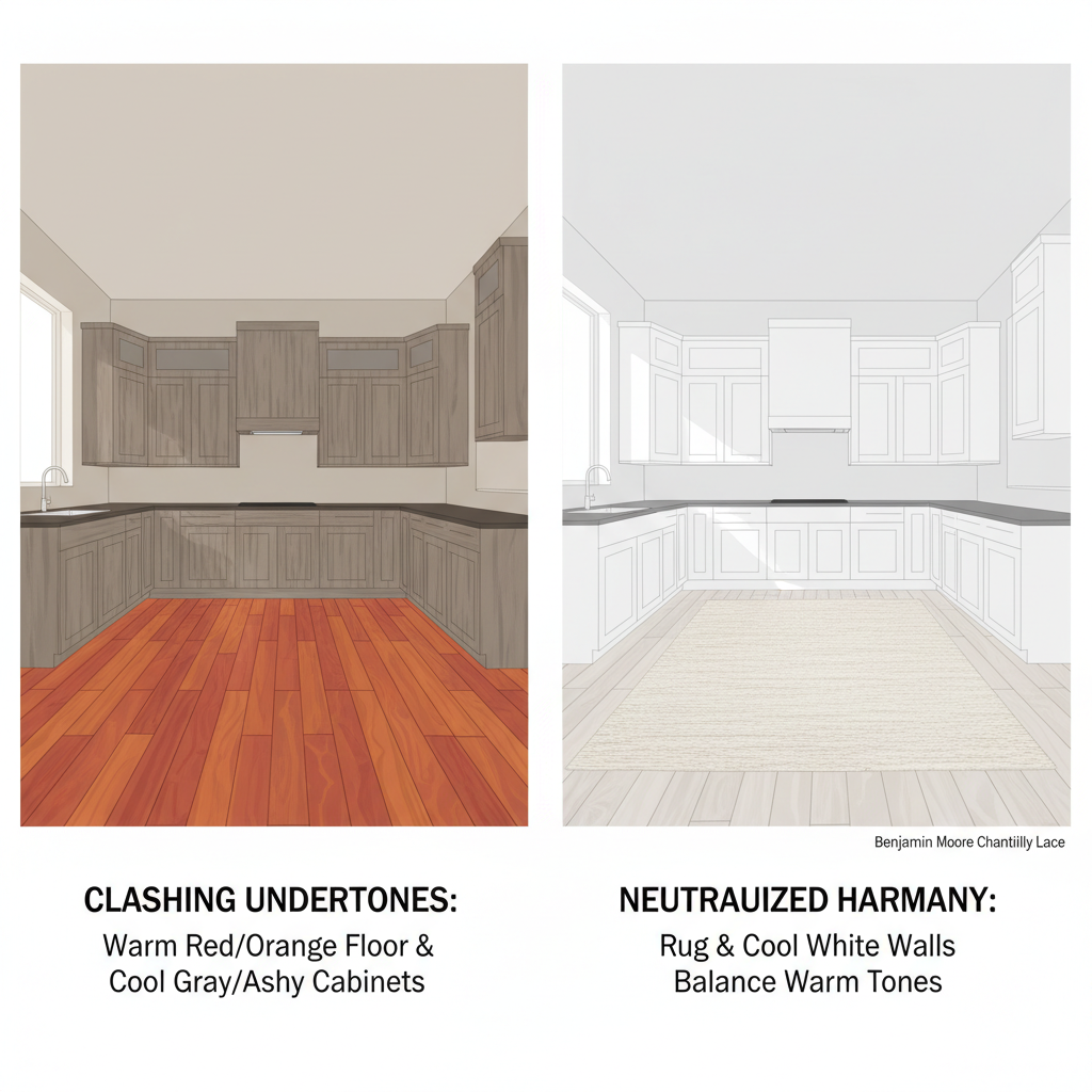 A split-screen showing a kitchen with clashing warm and cool wood undertones, and the same kitchen harmonized by a neutral rug and cool-toned paint.