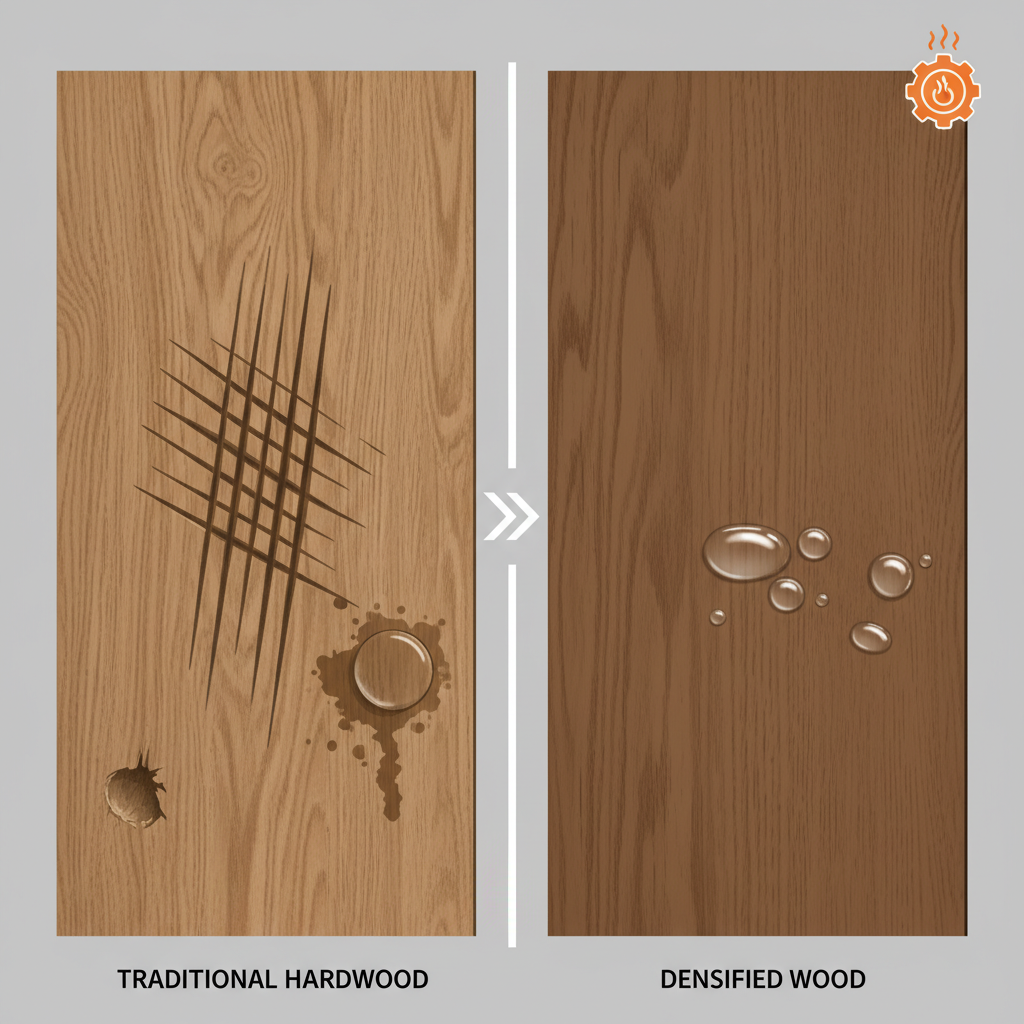 Split illustration comparing traditional hardwood (scratched, dented, water-damaged) with pristine, water-resistant densified wood.
