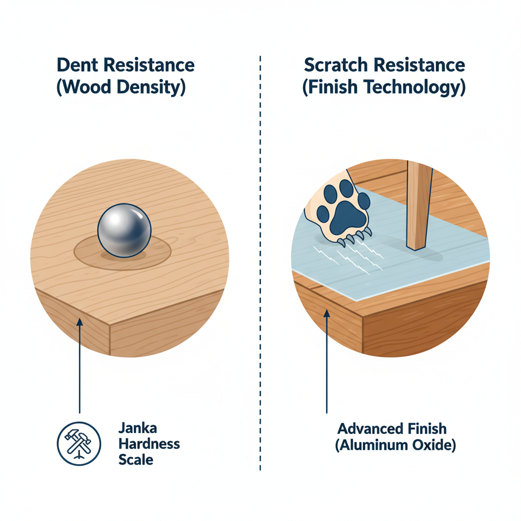 An infographic illustrating the difference between dent resistance (wood density, Janka scale) and scratch resistance (finish technology like aluminum oxide) in wood flooring.