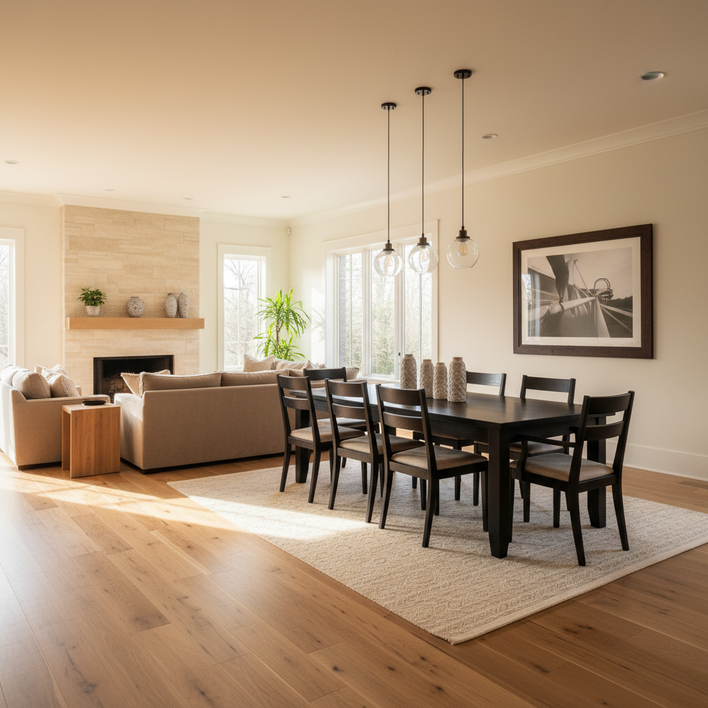 An elegant living space demonstrating the 'Rule of Contrast' with light floors and dark furniture, and the 'Rule of 3' with dominant wood, contrasting wood, and a neutral anchor.