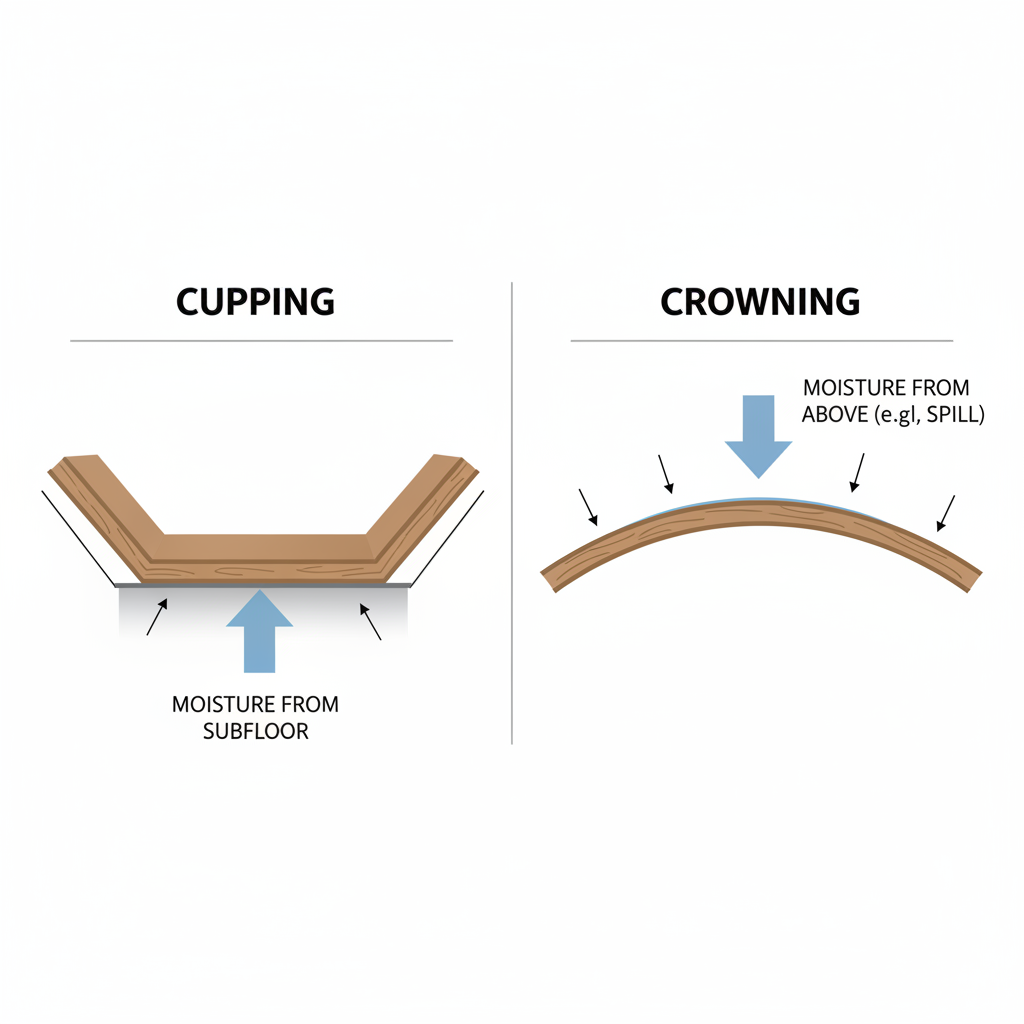 A clear, clean infographic illustrating two distinct types of hardwood floor warping. On the left, 'Cupping' is depicted with a close-up of a floor plank where the edges are noticeably higher than the center, with an arrow pointing upwards from below the plank, indicating moisture ingress from the subfloor. On the right, 'Crowning' is shown with a plank where the center is higher than the edges, with an arrow pointing downwards onto the plank's surface, indicating moisture from above (e.g., a spill). Use a minimalist, educational style with clear labels and directional arrows.