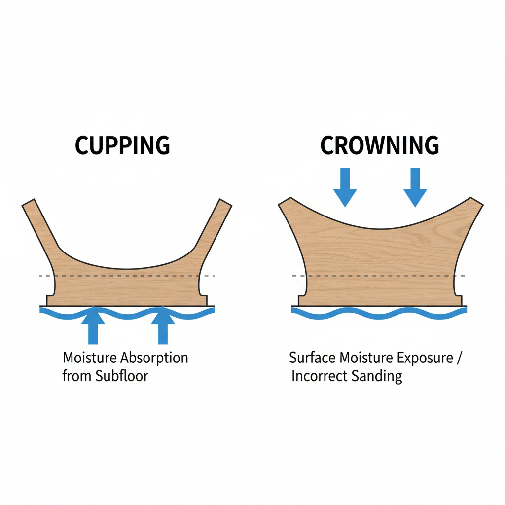 A clear, scientific diagram illustrating the concepts of 'cupping' and ' crowning' in wood flooring. Show two separate cross-sections of wood planks. The 'cupping' plank should have its edges raised higher than its center, with arrows indicating moisture absorption from the subfloor. The 'crowning' plank should have its center raised higher than its edges, with arrows indicating surface moisture exposure or incorrect sanding.