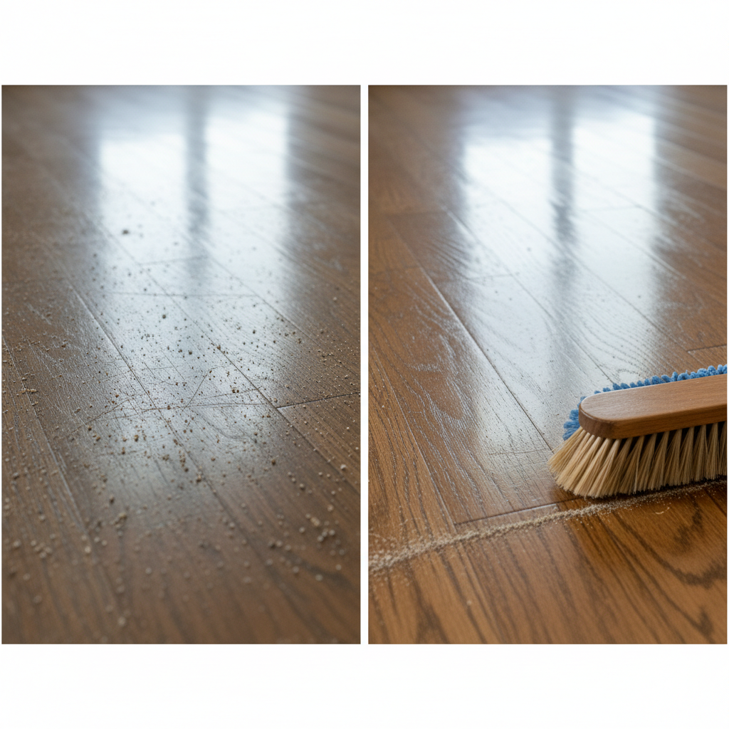 A split image showing a dull, scratched hybrid hardwood floor on one side and a gleaming floor being swept by a microfiber mop on the other, illustrating dry grit control.