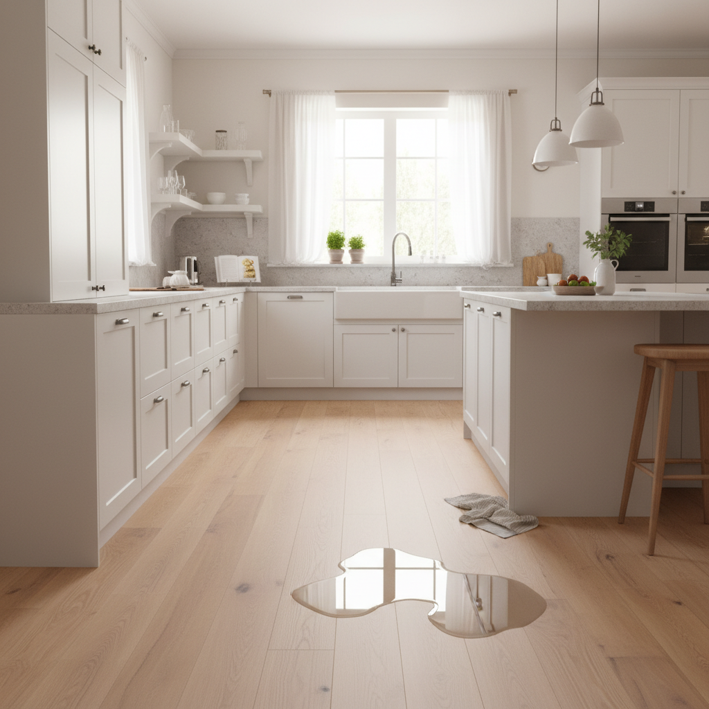 A bright, inviting interior shot of a modern, stylish kitchen featuring beautiful, light-colored hybrid hardwood flooring. The floor should look pristine and durable, perhaps with a subtle hint of water resistance (e.g., a small, contained spill on the floor that looks easily wiped up, or a wet area like a sink visible in the background). Emphasize the natural wood aesthetic and clean lines.
