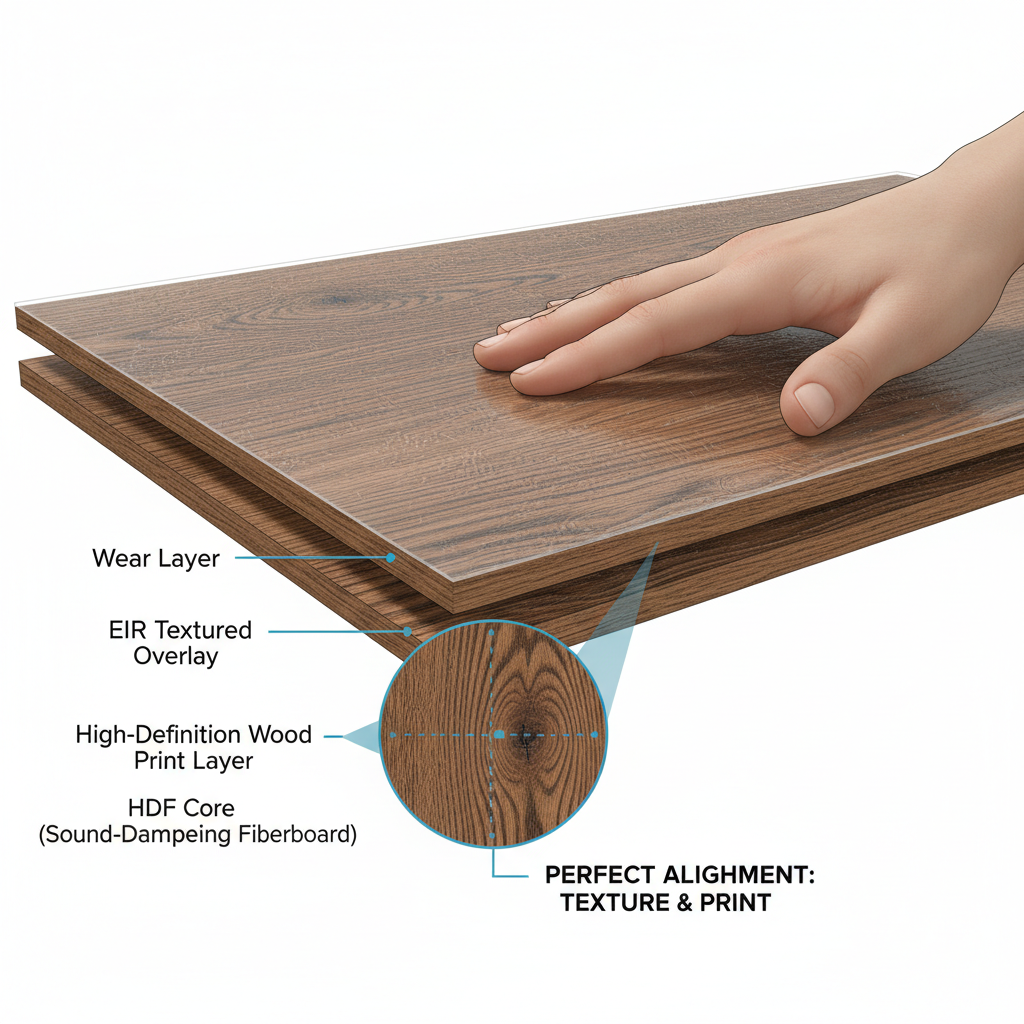 A close-up, highly detailed illustration of a wood-look flooring plank demonstrating Embossed-in-Register (EIR) technology. Shows how the physical texture (grain lines, knots, micro-bevels) perfectly aligns with the high-definition photographic print beneath it, with a hand touching the surface.