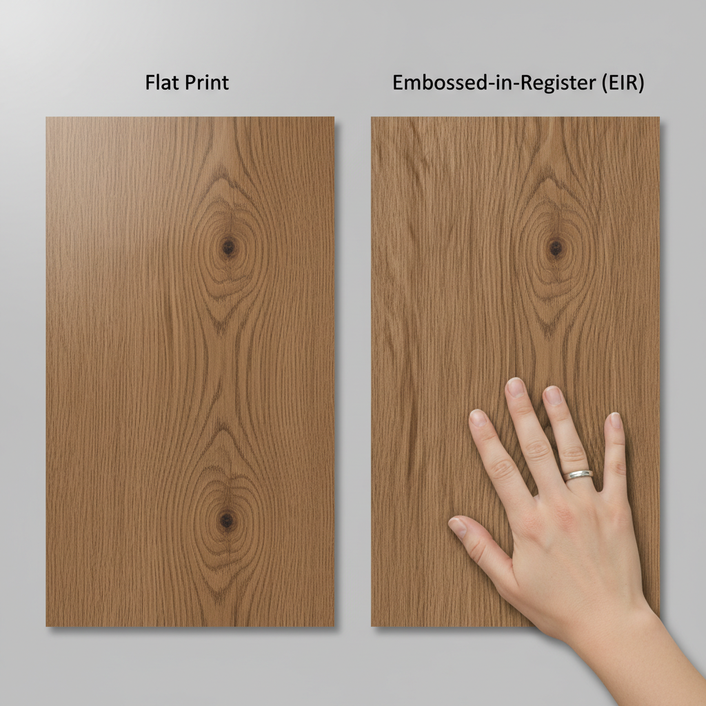 A detailed, side-by-side comparison illustration of two wood-look flooring samples. The left sample (labeled 'Flat Print') shows a smooth, glossy surface with a printed wood grain pattern that doesn't align with any physical texture. The right sample (labeled 'Embossed-in-Register (EIR)') shows a matte, textured surface where the physical embossing (e.g., knots, wood grain lines) perfectly aligns with the photographic wood grain pattern beneath it. A hand is shown gently touching the textured surface of the EIR sample.