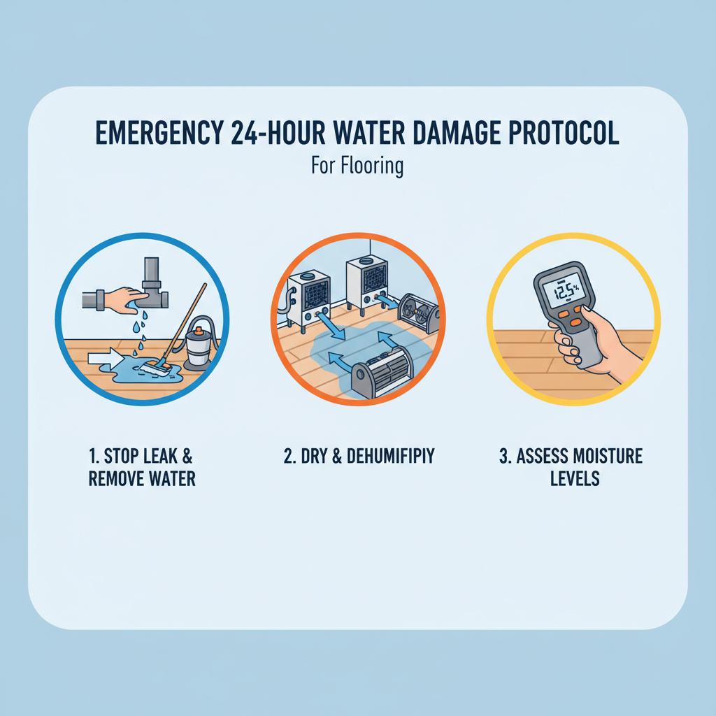 Infographic detailing a 3-step emergency water damage protocol: stop source, dehumidify, and test with moisture meter.