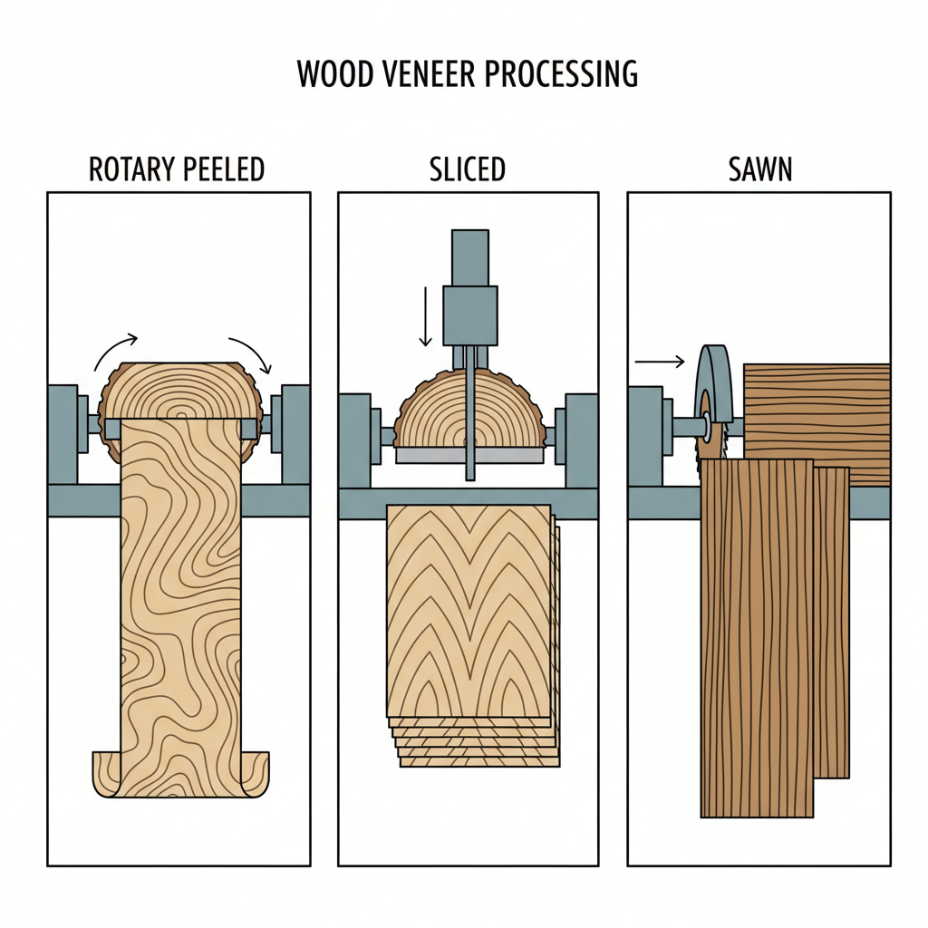 A clear, diagrammatic illustration showing a single log being processed in three distinct ways to produce wood veneers. Panel 1 (labeled 'Rotary Peeled'): A log is spun on a lathe, and a continuous sheet of veneer is peeled off, showing a wild, wavy grain pattern. Panel 2 (labeled 'Sliced'): A log is cut straight across, producing flat sheets of veneer with a traditional 'cathedral' grain pattern. Panel 3 (labeled 'Sawn'): A log is sawn into thicker planks like traditional lumber, showing a more authentic, linear grain structure. Each panel clearly depicts the cutting method and the resulting veneer appearance.