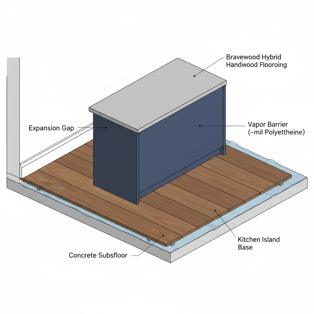 Cutaway illustration showing proper hybrid hardwood installation over concrete subfloor with a vapor barrier, expansion gaps, and cabinets installed after flooring.