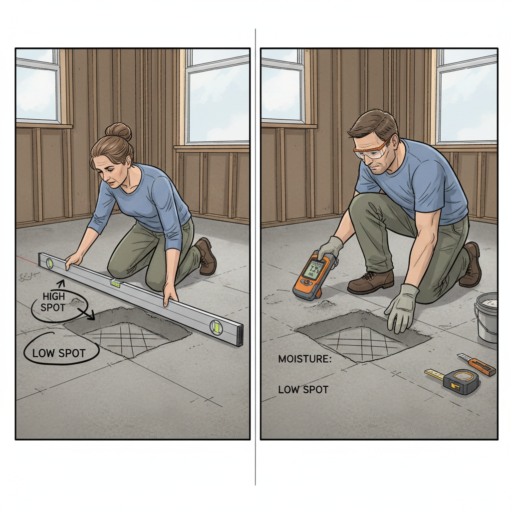 A split-panel illustration depicting crucial subfloor preparation steps. Left panel: a DIY homeowner using a long 6-foot level to check for unevenness on a concrete subfloor, with marked high and low spots. Right panel: another DIYer using a pinless moisture meter to scan the subfloor, showing a digital reading indicating acceptable moisture levels. The overall scene should convey diligence and precision. Style: realistic, instructional illustration, with clear tools and measurements.