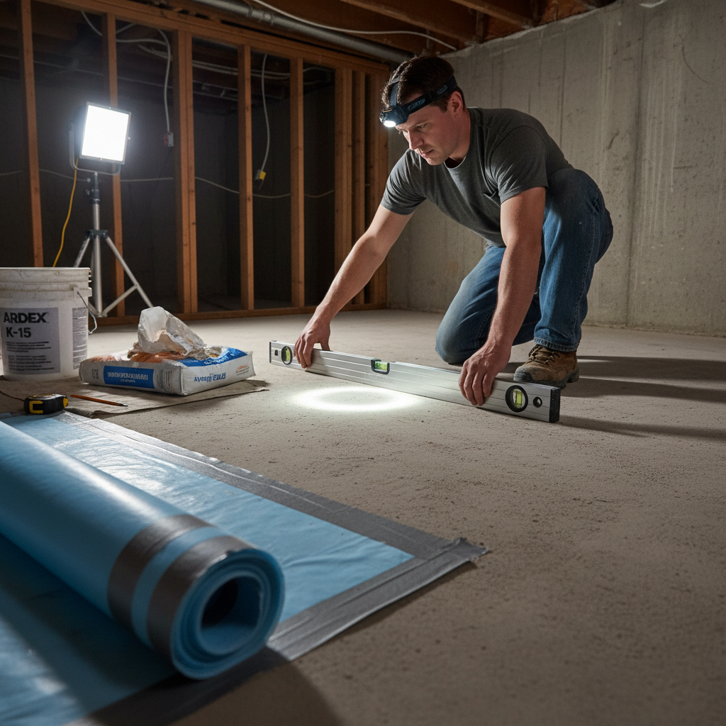 Contractor checking subfloor flatness with a straight edge, with a roll of taped moisture barrier visible.