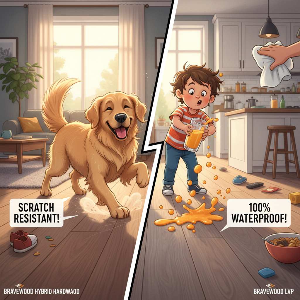 Illustration of a large dog on hybrid hardwood and a child spilling juice on LVP, demonstrating durability.