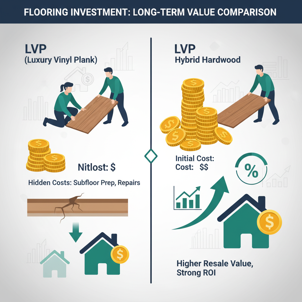 Infographic comparing LVP's lower initial cost with hybrid hardwood's higher initial cost but greater resale value.