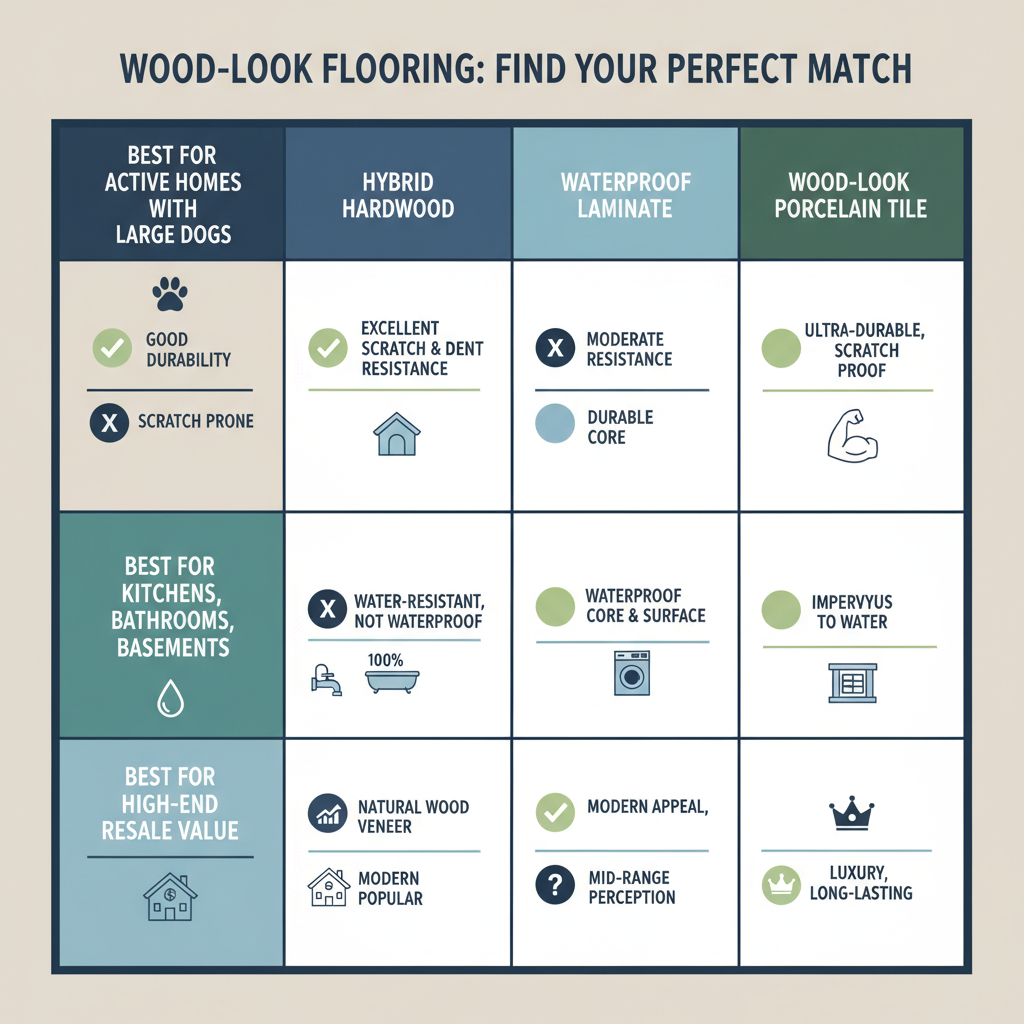 An infographic comparing different wood-look flooring types for specific lifestyle needs, with columns for Hybrid Hardwood, Premium LVP, Waterproof Laminate, Wood-Look Porcelain Tile, and rows for 'Best for Active Homes with Large Dogs', 'Best for Kitchens, Bathrooms, Basements', 'Best for High-End Resale Value'.