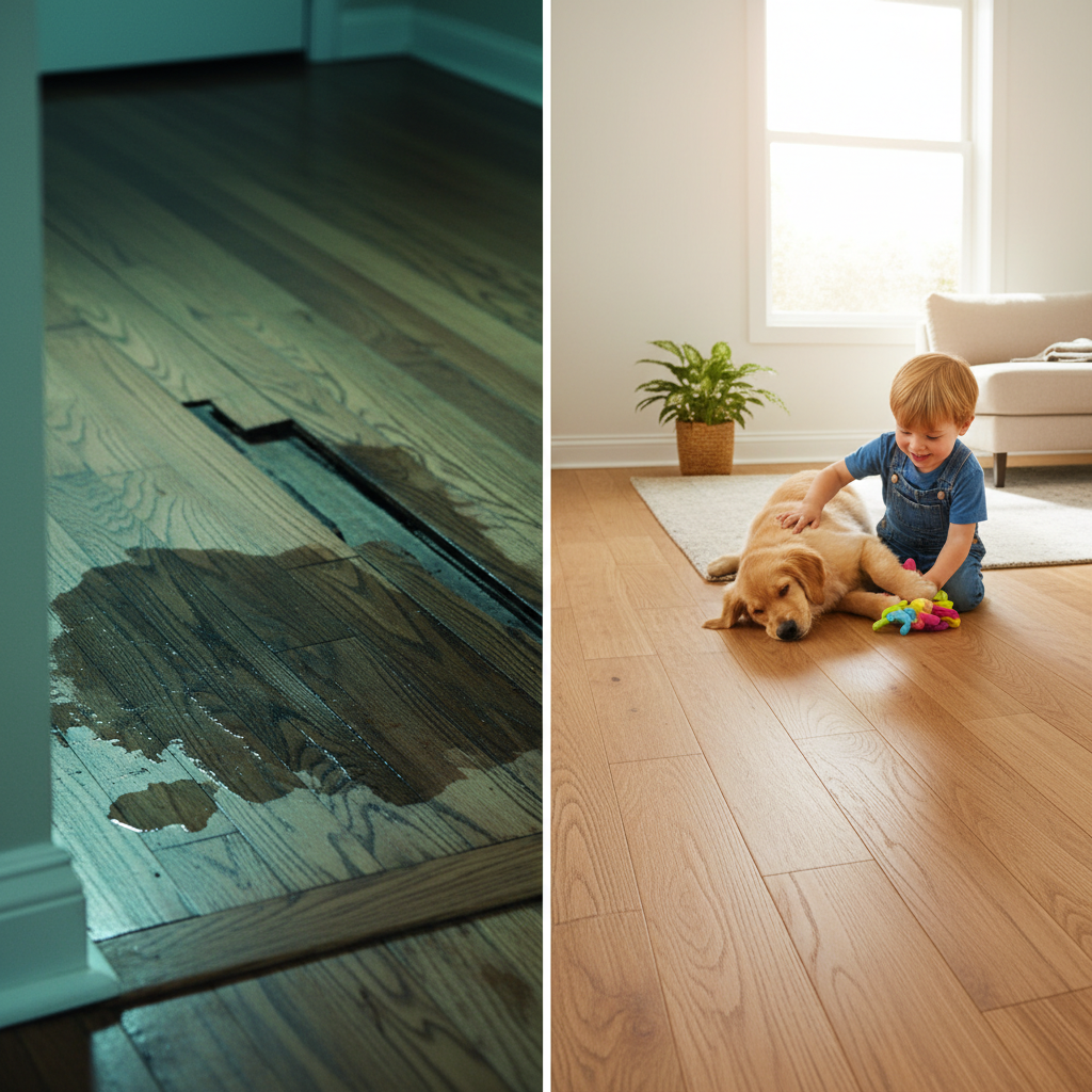 A split image showing a water-damaged traditional hardwood floor on the left and a pristine Bravewood hybrid hardwood floor with a happy pet on the right.