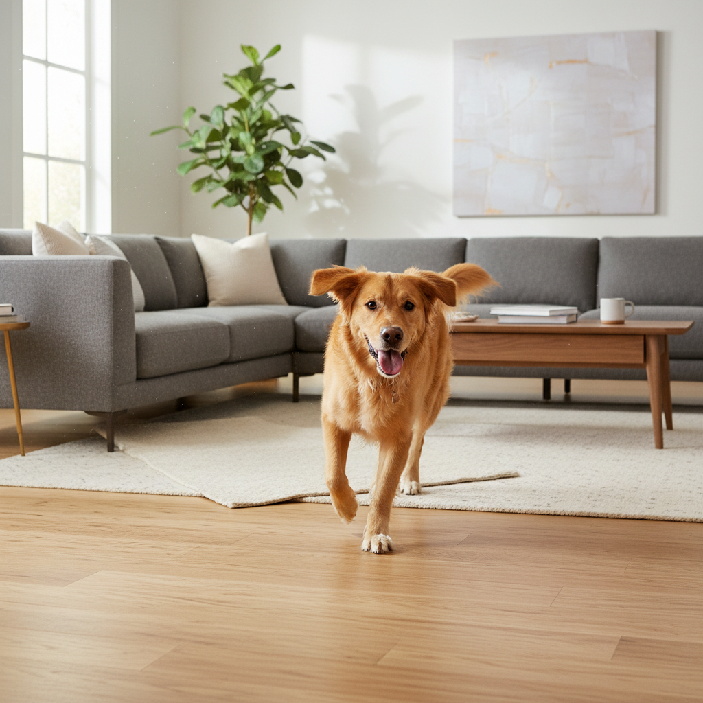 A happy dog running on pristine Bravewood hybrid hardwood flooring in a modern living room, showcasing the floor's durability and pet-friendliness with no visible scratches or wear.
