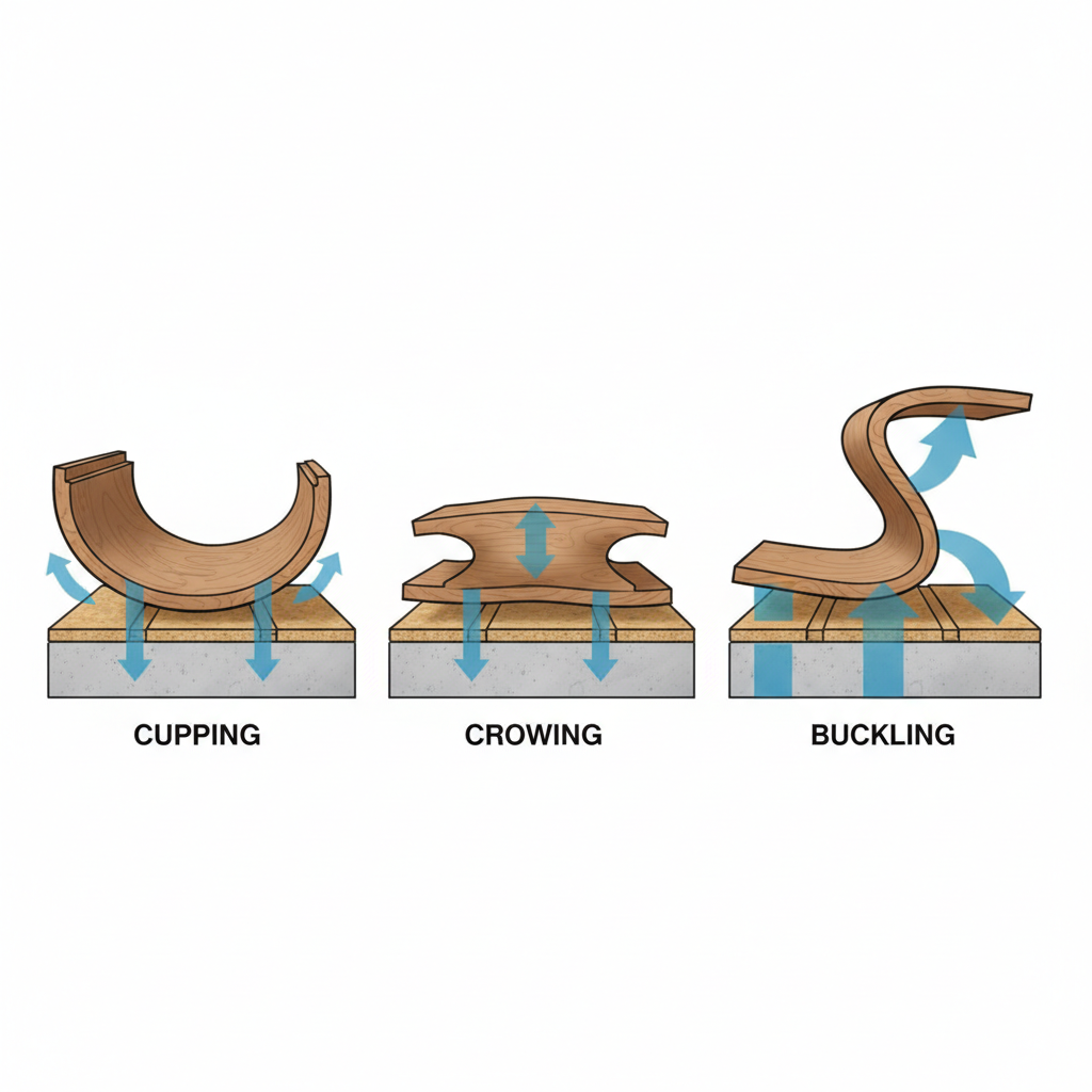 A detailed illustration showing three types of hardwood floor water damage: cupping (edges raised), crowning (center raised), and buckling (board lifted from subfloor).