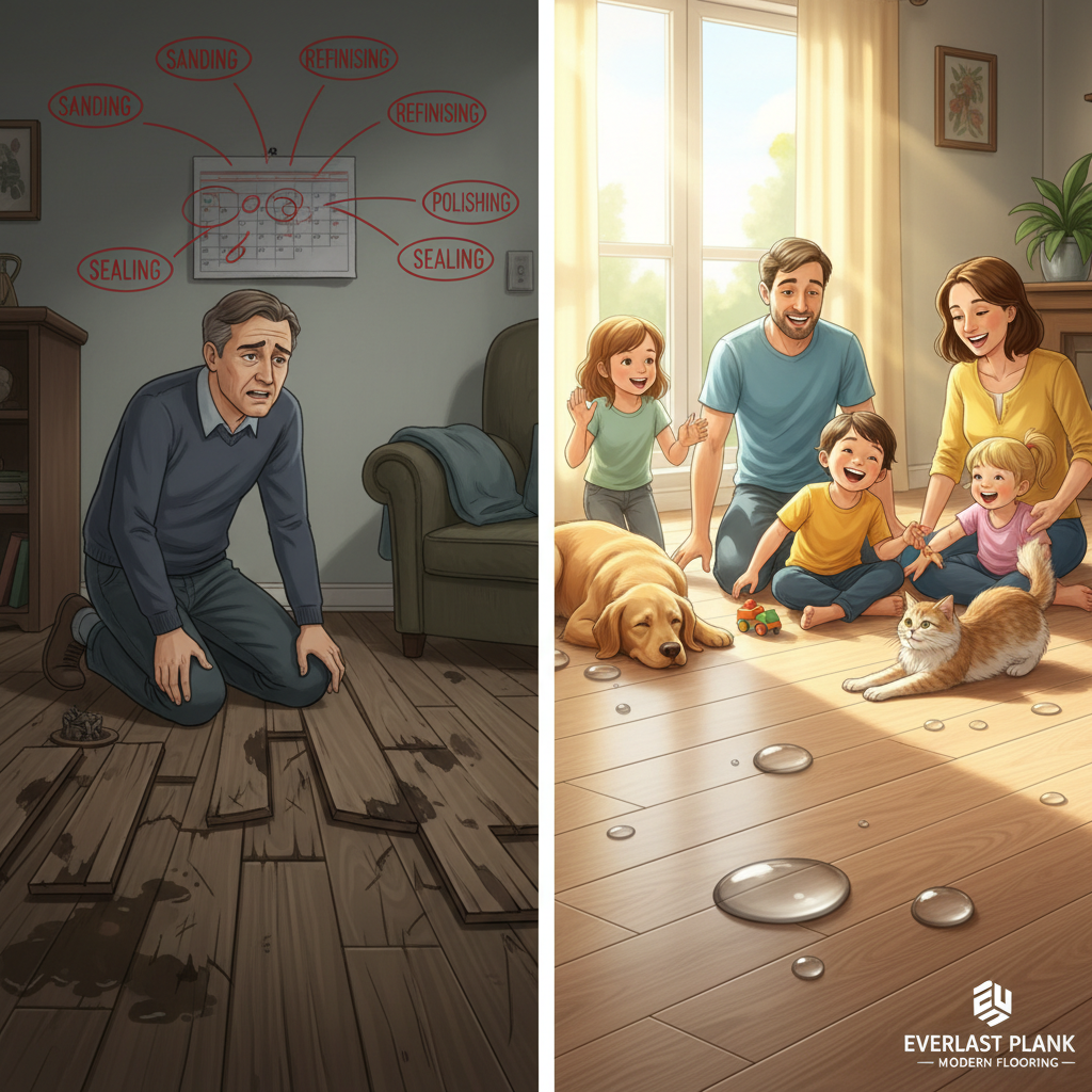 A split-panel illustration contrasting traditional hardwood vulnerabilities with modern flooring solutions. Left panel: a distressed homeowner looking at a cupped, scratched, and water-damaged natural hardwood floor, with a calendar showing frequent maintenance tasks. Right panel: a happy family (with pets and children) enjoying a pristine, authentic wood-look floor, with water beading on the surface and no visible scratches.
