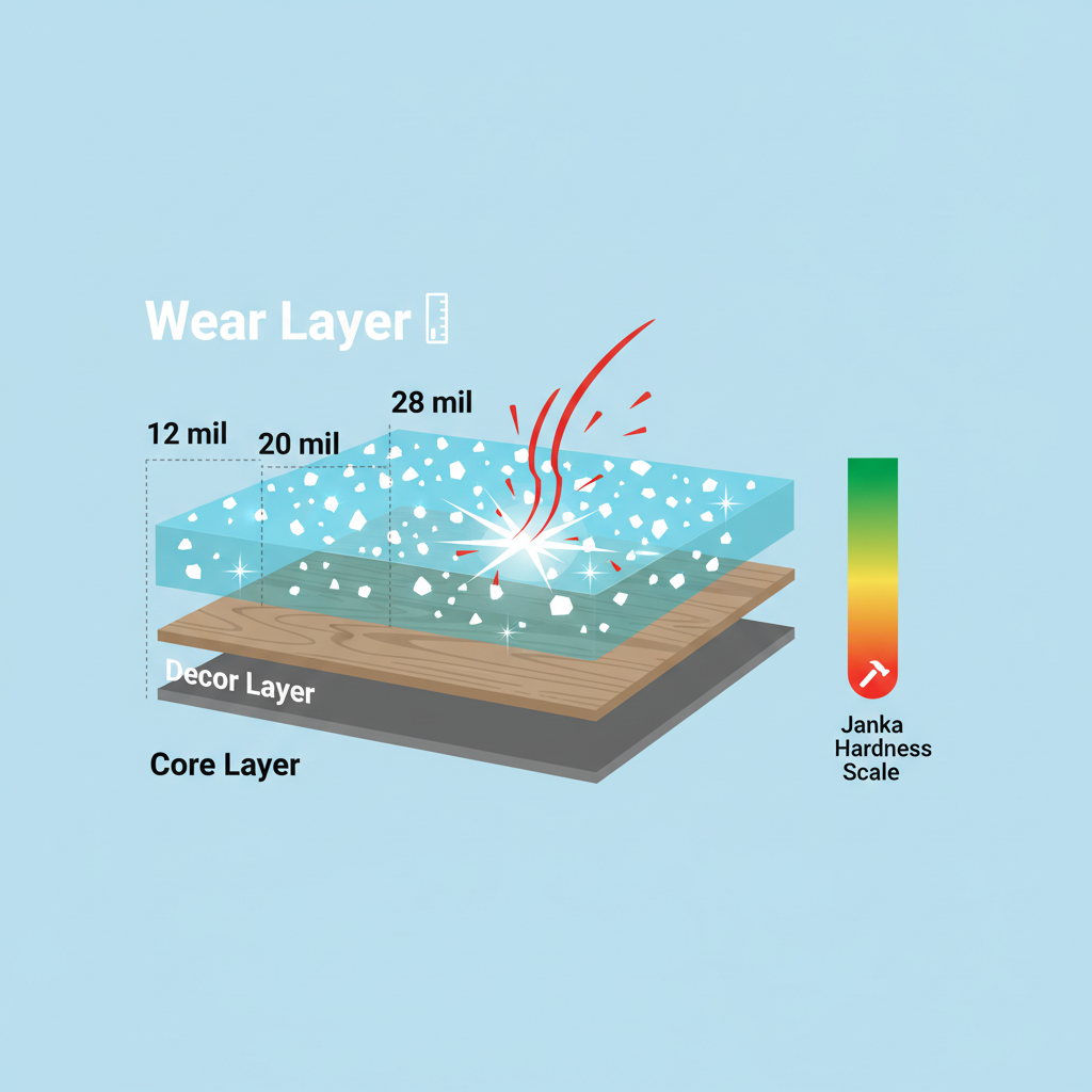 A graphic illustrating hybrid flooring durability metrics, showing a magnified wear layer with aluminum oxide particles deflecting scratches, and a Janka hardness scale, highlighting wear layer thickness and scratch resistance.