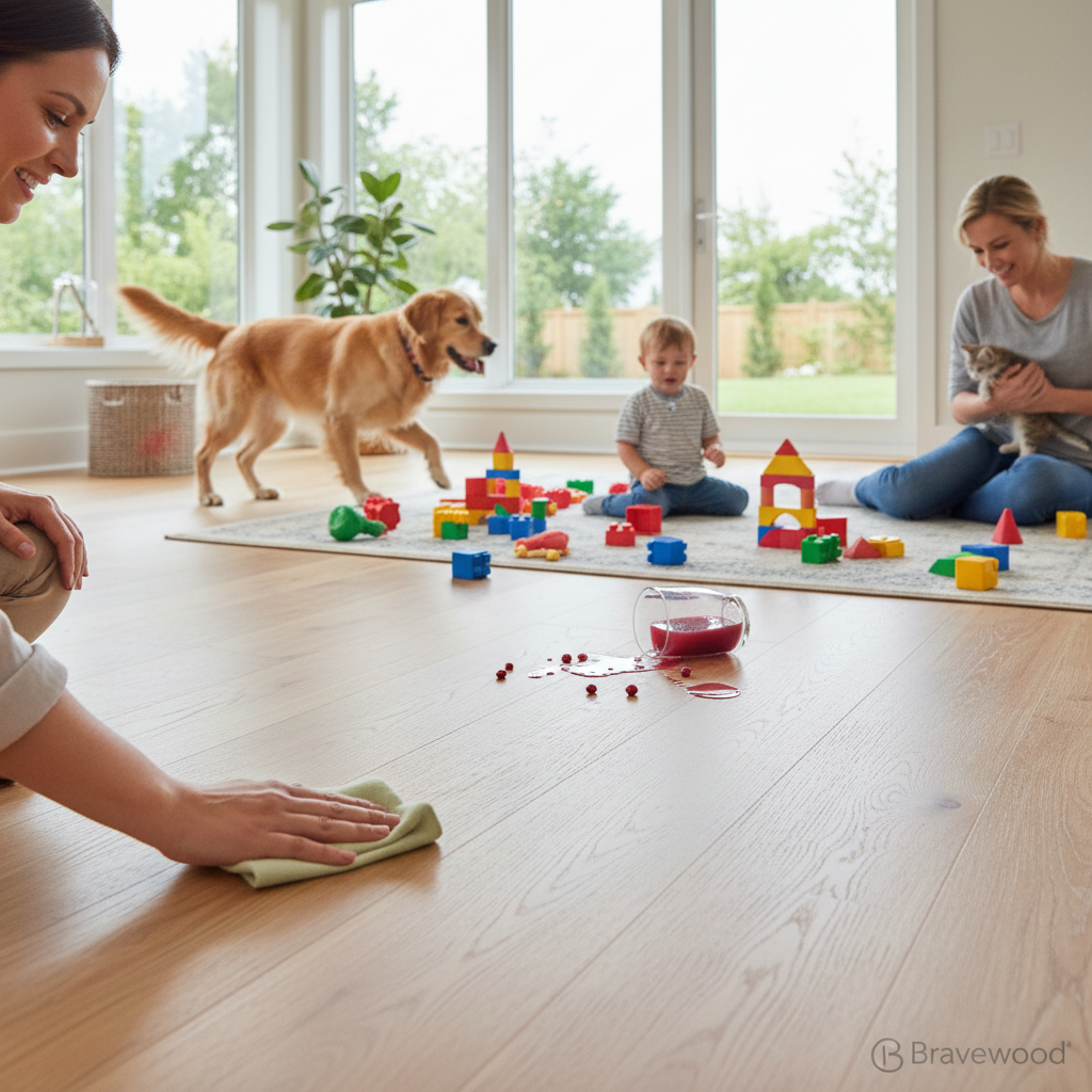 A dynamic, slightly chaotic yet clean scene in a modern, active home, demonstrating the 'life-proof' nature of hybrid hardwood flooring. The Bravewood hybrid hardwood floor should look pristine and resilient. Show a child playing with colorful toys, a playful dog running across the floor, a spilled glass of water (or juice) with liquid visibly beaded up on the surface, and a small, almost invisible scratch being easily wiped away by an adult's hand. The overall mood is lively and reassuring, emphasizing durability without sacrificing beauty.