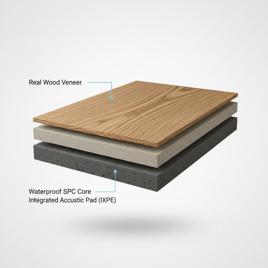 Detailed cross-section diagram of a hybrid hardwood plank showing real wood veneer, waterproof SPC core, and integrated acoustic pad.