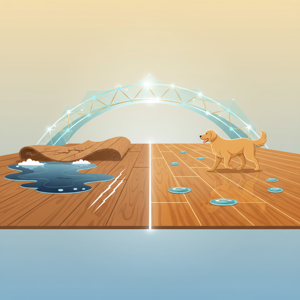 A conceptual illustration showing traditional hardwood suffering from water damage and scratches contrasted with pristine hybrid hardwood repelling water and resisting damage, symbolizing a zero-compromise solution.