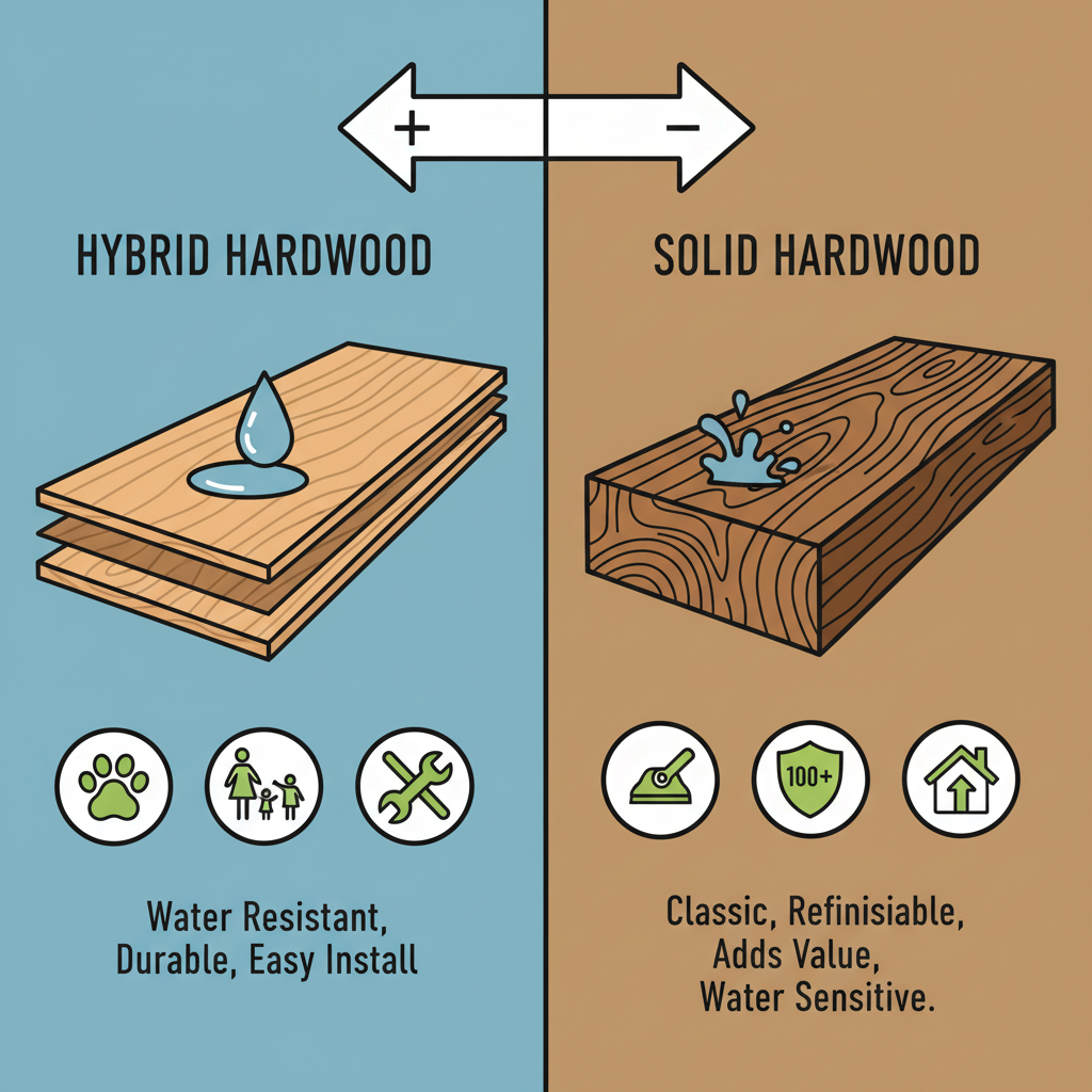 A comparative illustration highlighting key differences between hybrid hardwood (waterproof, pet-friendly, easy install) and traditional solid hardwood (long-lasting, refinishable, susceptible to water).