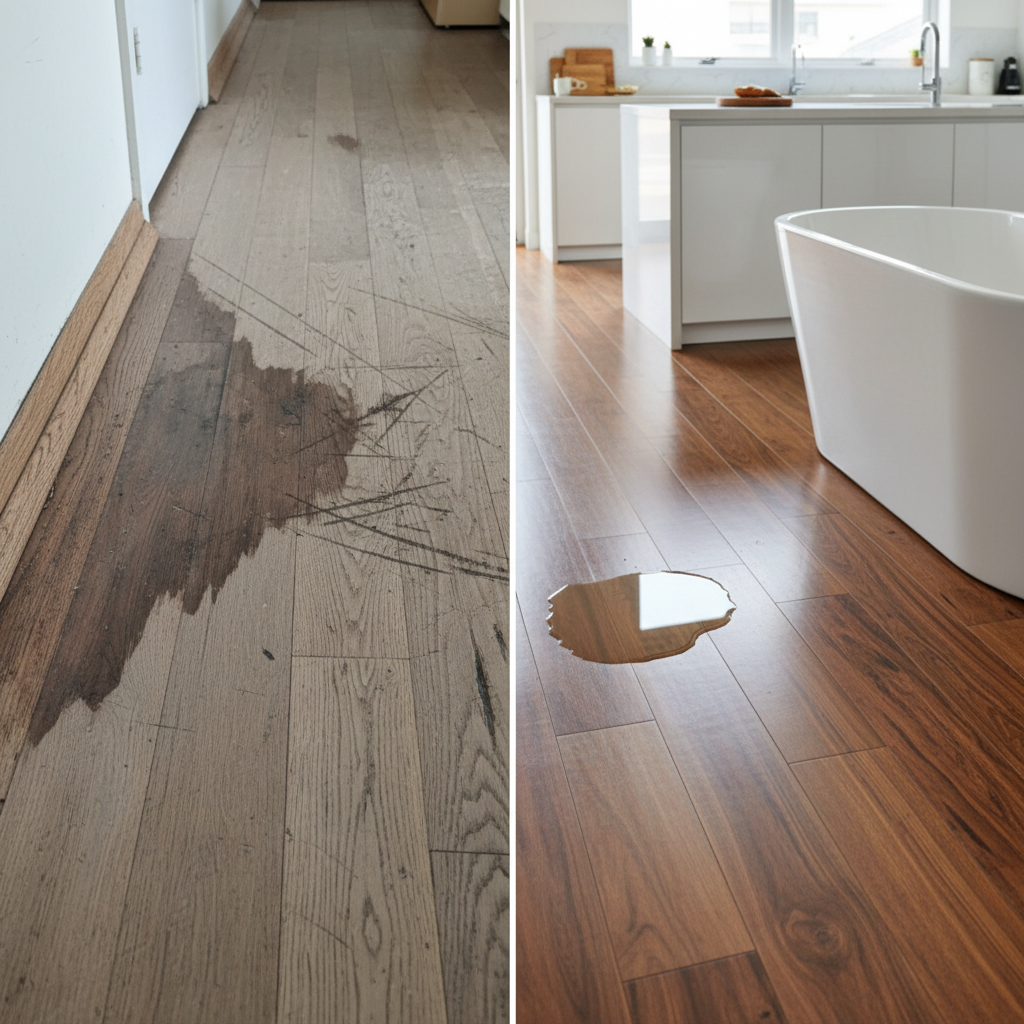 A compelling split-image comparison. On the left: a traditional hardwood floor showing clear signs of water damage (cupping, swelling, dark stains) and visible scratches from pets or heavy use, looking worn and damaged. On the right: a pristine, elegant hybrid wood floor in a modern kitchen or bathroom setting, looking immaculate and unaffected by moisture or foot traffic.