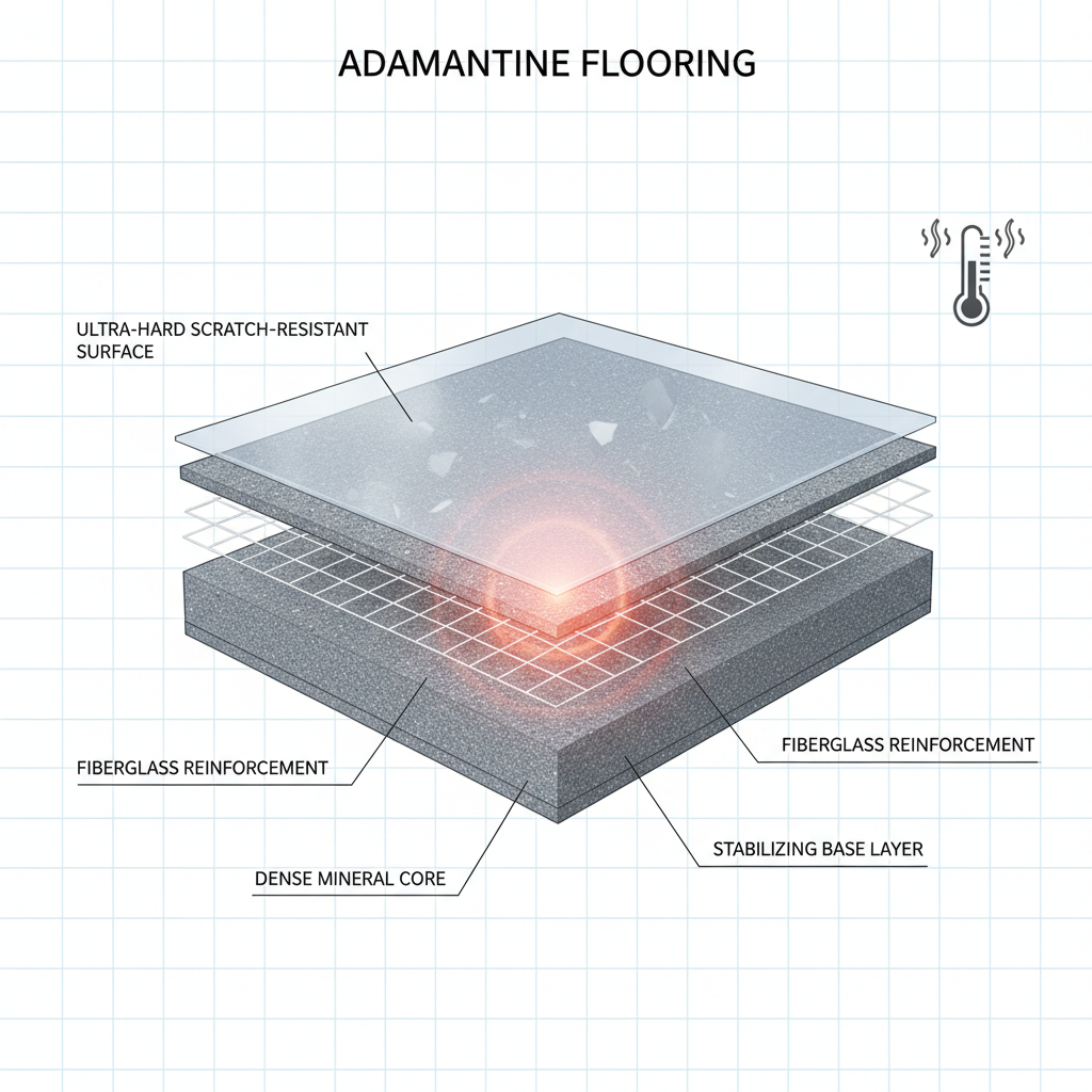 A detailed, clean 3D cross-section illustration of an 'adamantine' flooring plank. The layers are clearly visible: a very dense, fine-grained mineral core (e.g., pulverized stone or quartz, depicted with subtle crystalline texture), reinforced with thin, integrated fiberglass mesh layers, topped with an ultra-hard, scratch-resistant surface layer. The overall impression should be one of extreme density, strength, and thermal stability, with a subtle glow or a thermometer icon indicating high heat resistance. Style: technical illustration, modern, precise, with a focus on material composition.