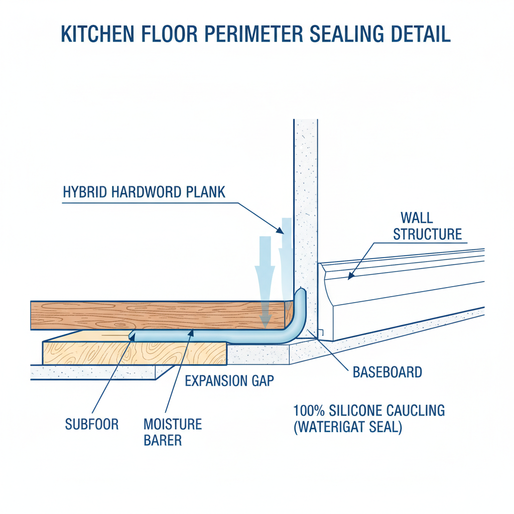 A detailed technical illustration of a kitchen floor edge demonstrating professional perimeter sealing. Show a cross-section view where a hybrid hardwood plank meets the wall. Clearly depict the required expansion gap between the plank and the wall, which is filled entirely with a bead of 100% silicone caulking. A baseboard is installed over this sealed gap. Below the hybrid plank, show the subfloor. The illustration should emphasize how the silicone creates a watertight barrier to prevent water from seeping under the floor. Style: clean, blueprint-like, instructional diagram with clear labels for each component.