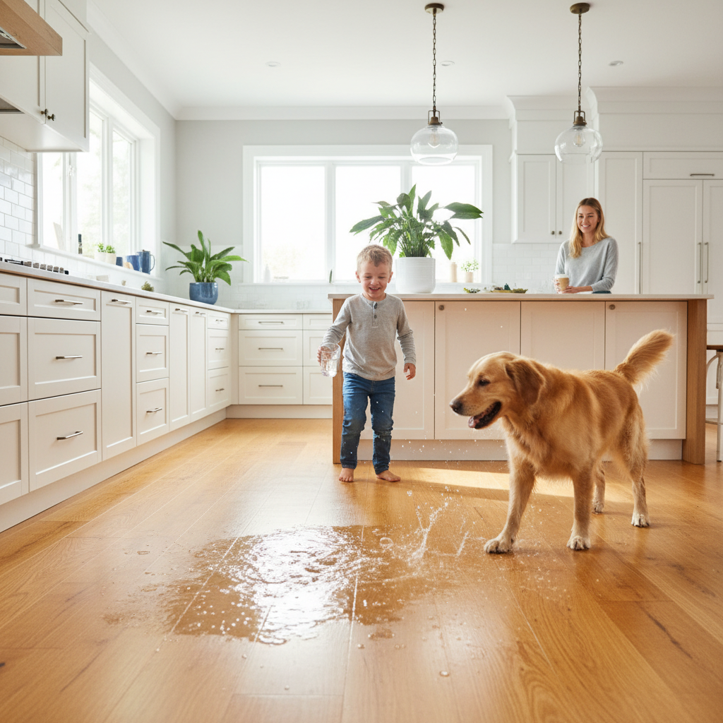 A dynamic, bright, and modern kitchen scene. A child is playfully spilling a glass of water on a beautiful hybrid hardwood floor, while a dog is running across it, leaving no visible scratches. The floor looks pristine and resilient, with water beading on the surface. The overall mood is one of relaxed activity and durability, showing peace of mind for the homeowner. Style: photorealistic, vibrant, slightly wide-angle to show the kitchen environment.