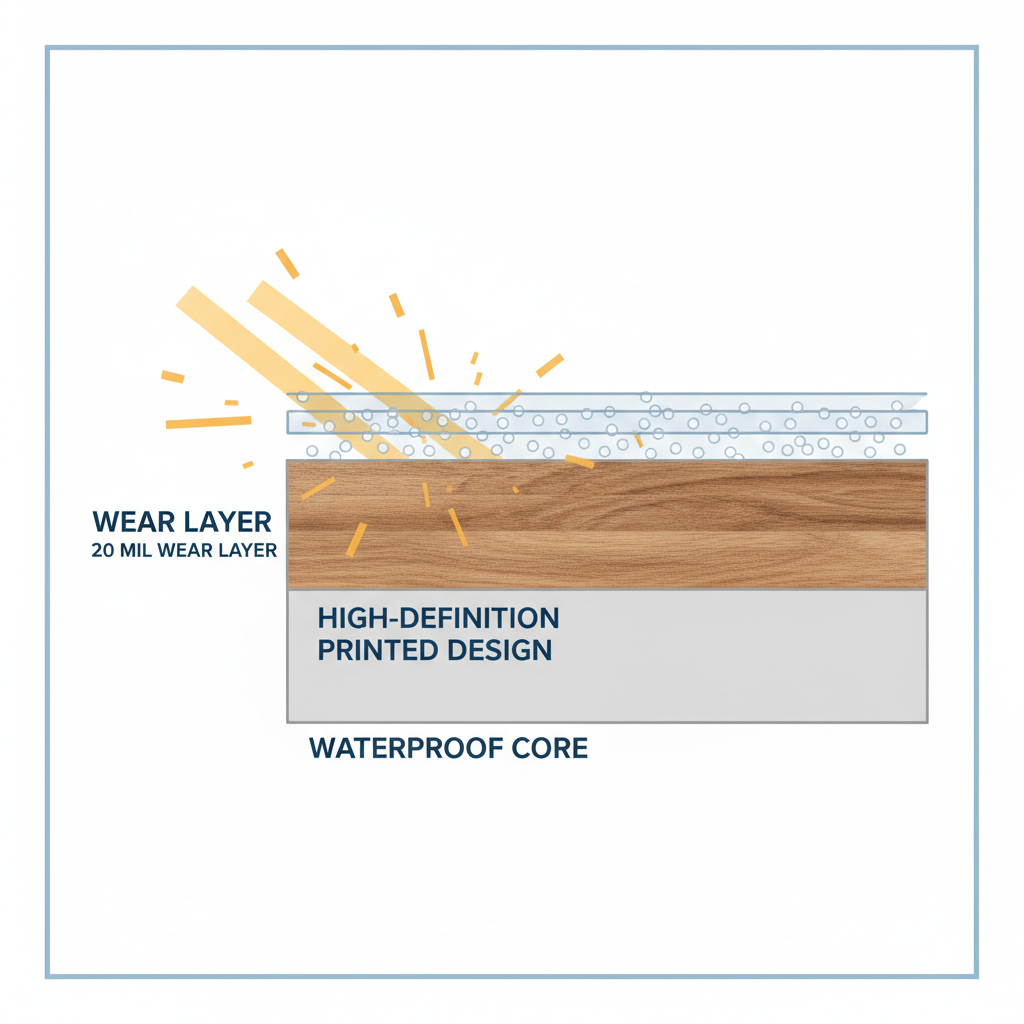 A clear, technical cross-section diagram of a Luxury Vinyl Plank (LVP), illustrating its multiple layers: a waterproof core, a high-definition printed design layer, and a thick, transparent wear layer on top. Within the wear layer, tiny, shimmering ceramic beads are visible, actively scattering and deflecting incoming sunbeams (represented by stylized, blocked light rays). Labels for each layer and '20 mil wear layer' should be subtly integrated. Style: clean, informative diagram with a modern aesthetic, bright and precise.