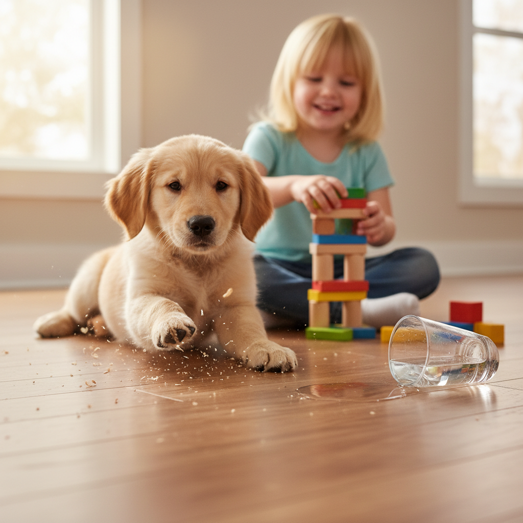 A playful golden retriever puppy sliding on a Bravewood hybrid hardwood floor with no scratches, while a child plays nearby and a spilled water puddle sits harmlessly, demonstrating scratch and water resistance.
