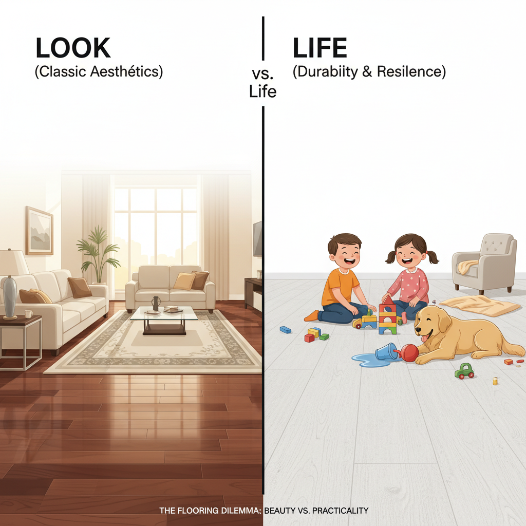 A dynamic split-screen illustration representing the 'Look vs. Life' dilemma for flooring. On the left, an elegant, pristine living room with traditional solid hardwood floors, bathed in warm, aspirational light, symbolizing classic aesthetics. On the right, a vibrant, slightly chaotic family scene on a waterproof hybrid floor, showing children playing, a pet dog, and a small, contained liquid spill, emphasizing durability and real-life resilience. The overall style is modern, clean, and illustrative, with a clear visual division between the two contrasting scenes.